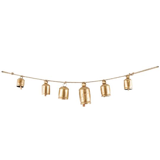 Gold Metal Tibetan Inspired String Hanging Decorative Cow Bells with Jute Hanging Rope